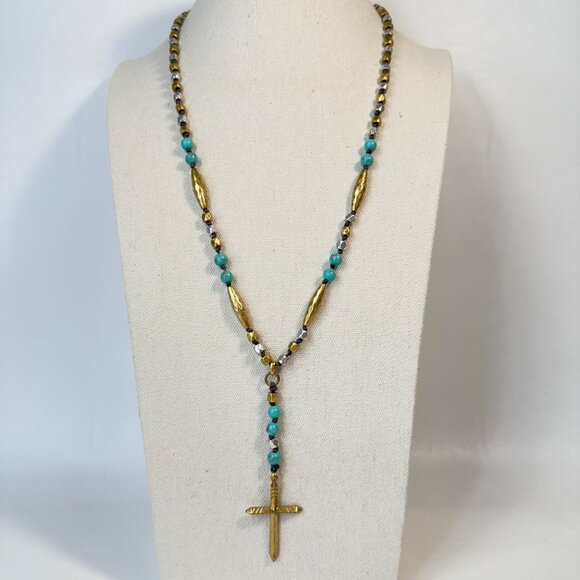 Lucky Brand Y-Drop Cross Necklace Blue Stone Gold-Tone Religious Long Length - Picture 1 of 8
